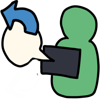 a green figure with a dark grey rectangle, representing AAC, in front of them. white speech bubble comes from the reectangle out to the left, and blue arrow points from that out further left.